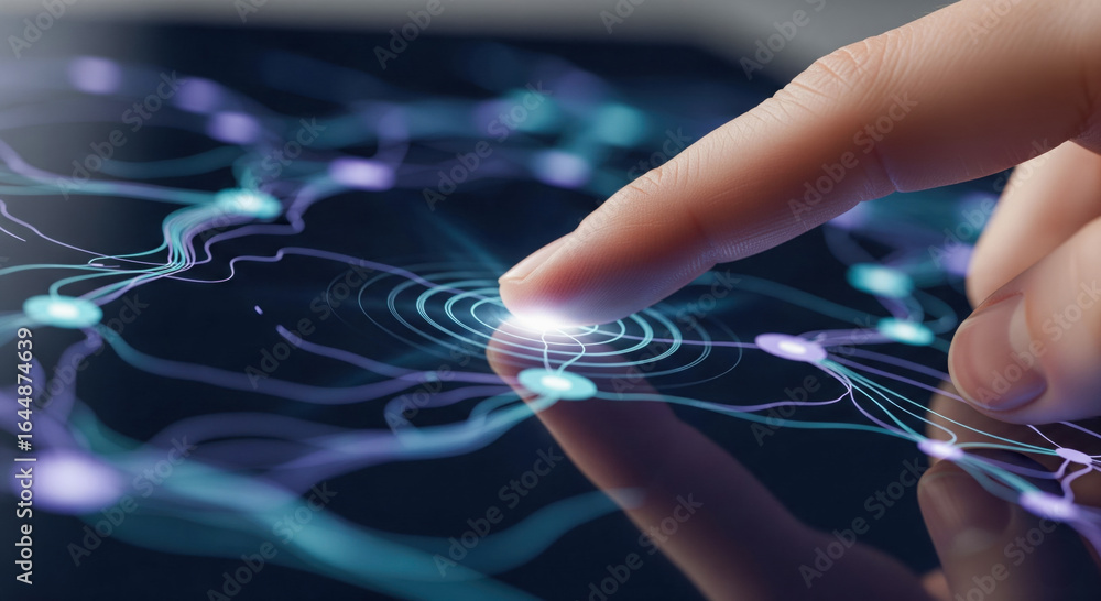 Aufkleber finger activating neural network on liquid touch screen, person interacting with futuristic artifici