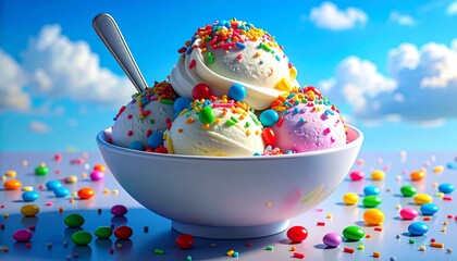A mouth-watering bowl of vanilla and strawberry ice cream, topped with colorful candy sprinkles and a soft whipped cream sauce. The background is a bright blue sky with clouds, creaice cream in a bowl
