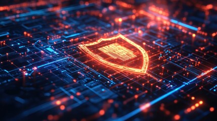 Abstract image of a digital shield over a circuit board.