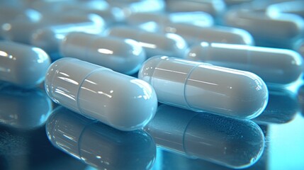 Close-up view of several light-blue capsules.