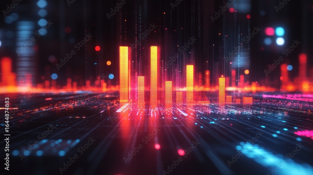 Poster abstract digital cityscape with glowing data visualizations.