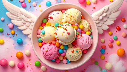 A bowl full of mouth-watering colorful ice cream topped with candy and a unique angel wing decoration, set against a bright pink background with scattered candies