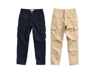 Cargo pants in navy blue and khaki colors