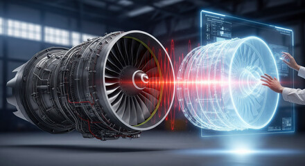 Engineer using augmented reality to analyze a jet engine with a holographic interface. Aerospace technology and innovation in manufacturing and maintenance concept