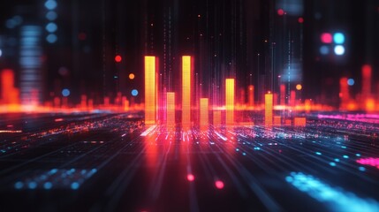 Abstract digital cityscape with glowing data visualizations.
