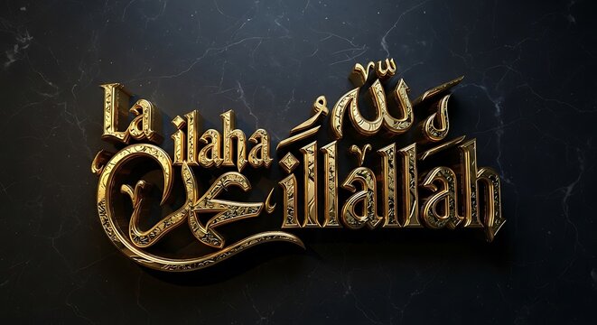 Majestic Golden 3D Shahada Calligraphy on a Dark Marble Slab