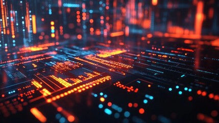 Abstract digital circuit board design with glowing orange and teal elements.