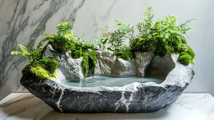 Sink shaped like a rock pool surrounded by moss and ferns on marble background