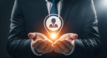Man's hands holding a glowing location pin with a user icon, symbolizing recruitment, HR, and finding the right talent for business growth