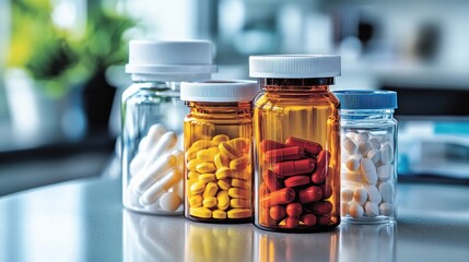 Assorted pharmaceutical medications in glass containers.