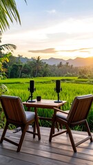Obraz premium Sunset view from a wooden deck, two chairs and a small table with microphones setup in front of rice paddies