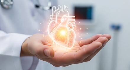Hand holding a glowing anatomical heart illustration, symbolizing care and medical expertise in cardiology