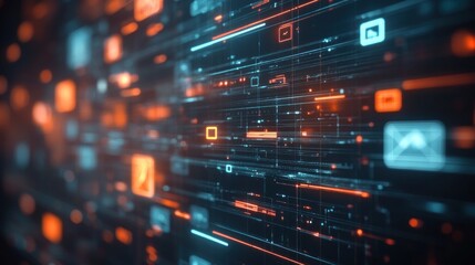 Abstract digital network interface with glowing icons.