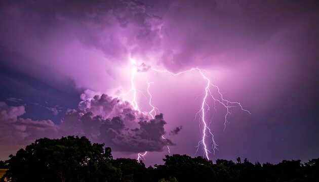 Dramatic Purple Lightning Strikes Over Dark Trees During a Stormy Night
