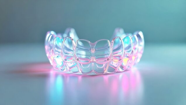 Clear Aligners. Clear dental retainer with blue and pink light reflect