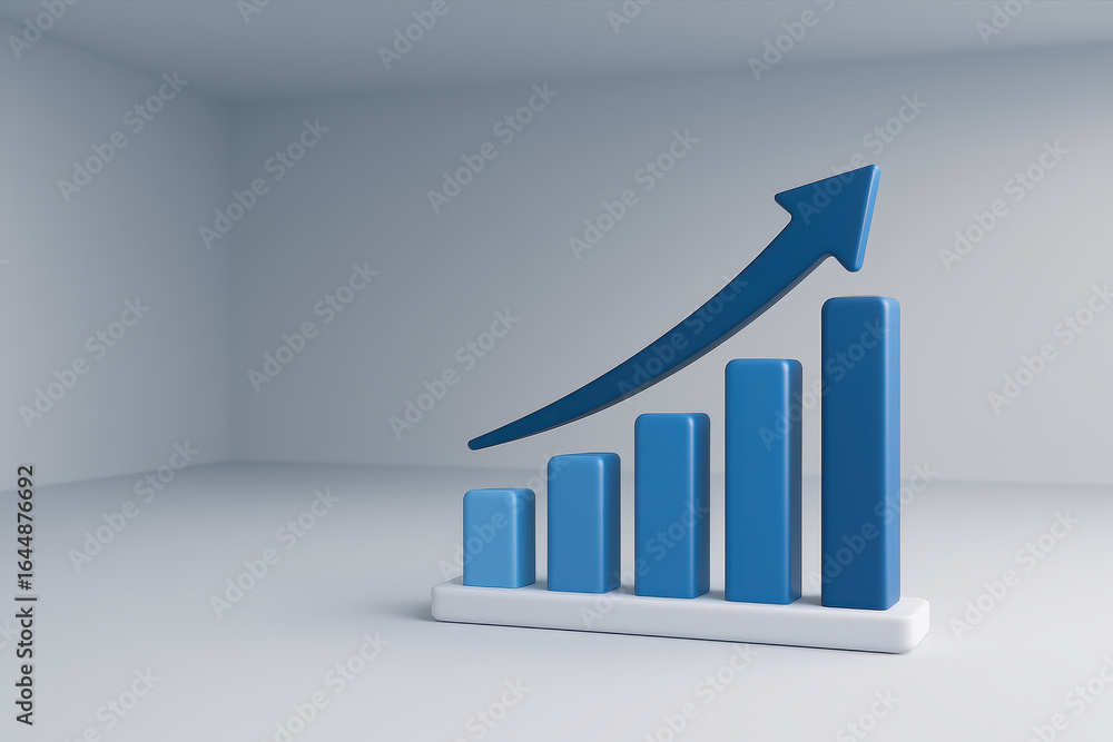 Poster blue bar chart with upward arrow symbolizing business success growth and progress in minimalistic sp