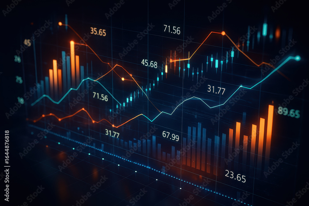 Poster financial chart data with glowing orange and blue bars and lines showing business success and growth