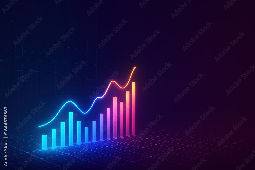 Poster neon glowing bar chart with rising line graph on dark background representing business success and g