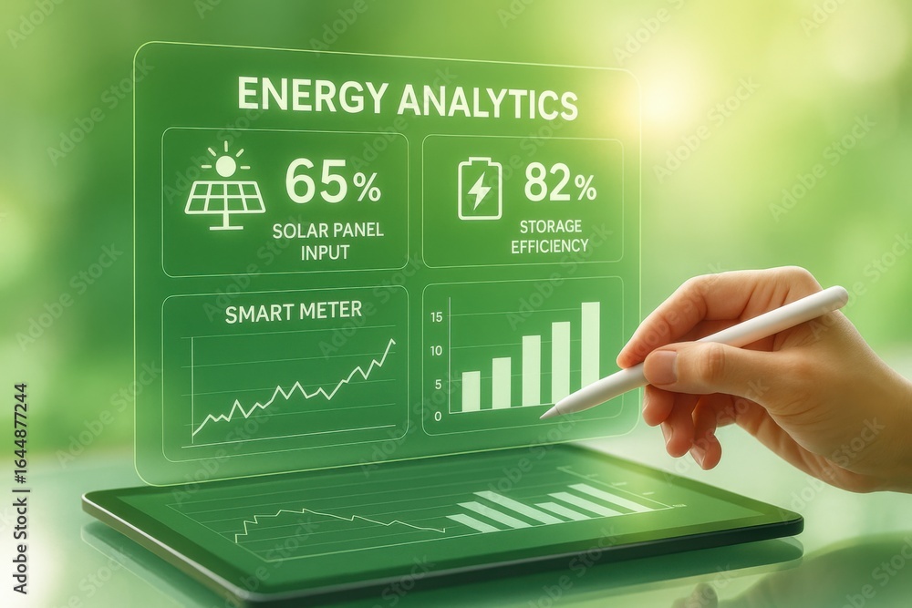 Poster green energy analytics dashboard with solar input, smart meter and storage efficiency graph