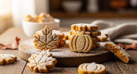 Fototapeta premium Sugared fall cookies (maple leaf, pumpkin) on wooden board. Warm sunlight