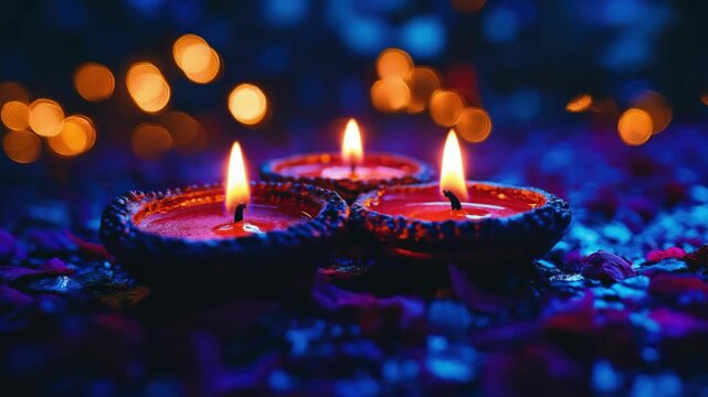 Three traditional clay diya in candlelight with mystic blue light and bright bokeh effect for Diwali celebration. Diwali, Deepavali, Festival Lights, Dipawali - Hindu Celebration, Indian Festival