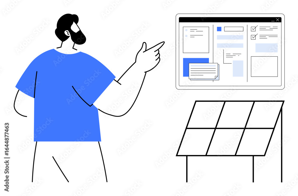 Aufkleber man gesturing toward digital interface with displayed charts and sections near a solar panel. ideal 
