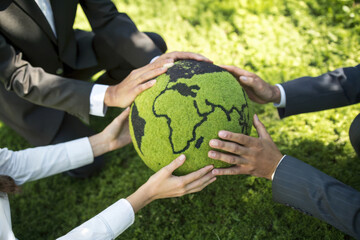 Diverse hands unite to hold a green globe symbolizing environmental unity