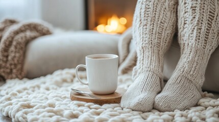 Cozy winter scene with a cup of warm drink and knitted socks by a fireplace.