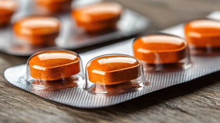 Close-up view of orange pills in a blister pack.
