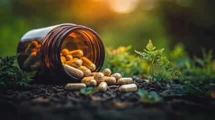 Brown glass jar with capsules spilled on the ground.