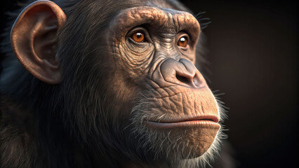 Chimpanzees close up face with detailed wrinkles and brown eyes showing intelligence and emotion similar to humans in dark background