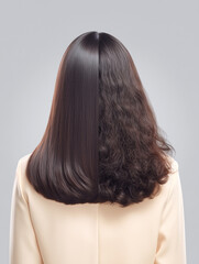 Hair divided into two halves. One half - with natural waves and slight fluffiness, the second - perfectly straight, smooth and shiny hair. Care masks and serums for hair.