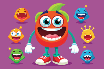 Obraz premium Cheerful cartoon monster characters with various expressions on a vibrant purple background for creative design