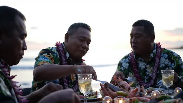 Joyful Pacific Islander Family Sharing Seafood Dinner at Sunset on Beach Featuring Floral Shirts Lei Necklaces Wine Glasses Plate Sea Beach Island and Glowing Sunset with Soft Warm Lighting