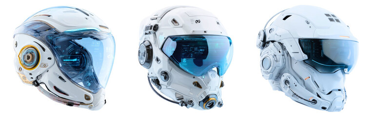 Collection of futuristic VR helmets with advanced digital interfaces isolated on a white or transparent background