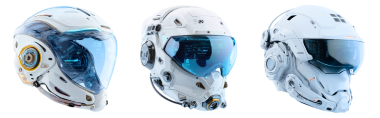 Collection of futuristic VR helmets with advanced digital interfaces isolated on a white or transparent background
