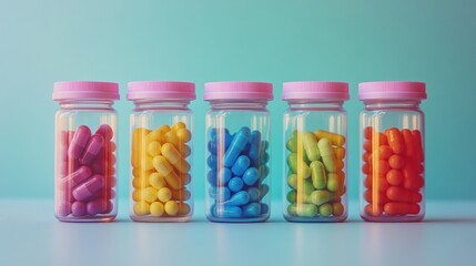 Colorful capsules in small clear containers.