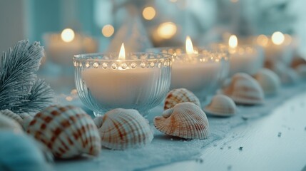 Elegant candles and seashells arranged on a light blue surface.