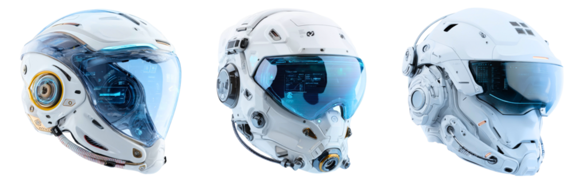 Collection of futuristic VR helmets with advanced digital interfaces isolated on a white or transparent background