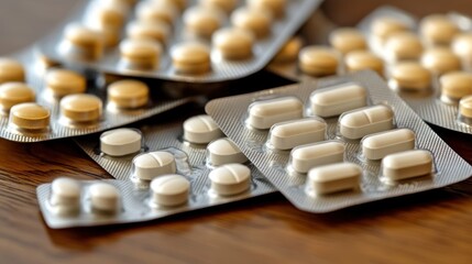 Close-up view of various pill blister packs.