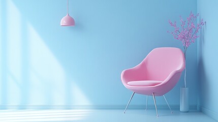 Pastel pink armchair in a light blue room.