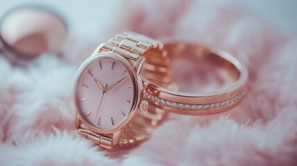 Close-up of a rose gold wristwatch and rings on a pink fur surface.