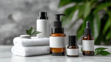 Skincare products displayed on a marble surface.