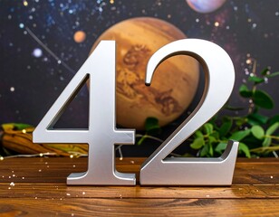 Silver numerals 42 rest on wood, space backdrop