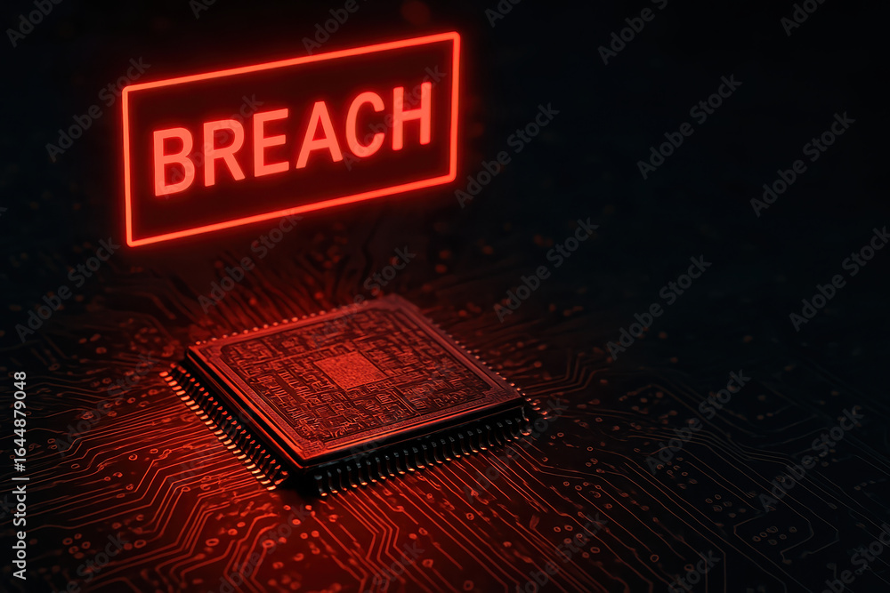 Poster intricate microchip glowing under red breach signal on dark circuit board, symbolizing network attac
