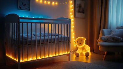 Softly glowing baby crib with built in LED lights for nighttime comfort on room background