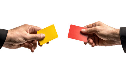 Obraz premium Businessman holding a blank yellow and red business card in his hand, ready to give it to a woman.