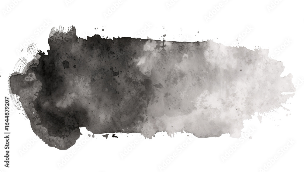 Poster abstract monochrome artistic blob with splatters, isolated against transparent nothingness