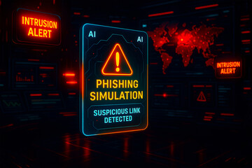 Phishing simulation on screen, cybersecurity training intrusion alert
