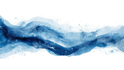 Abstract blue watercolor wave design with artistic splashes against a transparent canvas